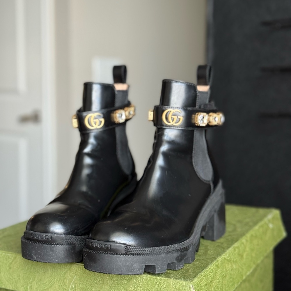 Gucci Black Ankle Boots with Gold Accents